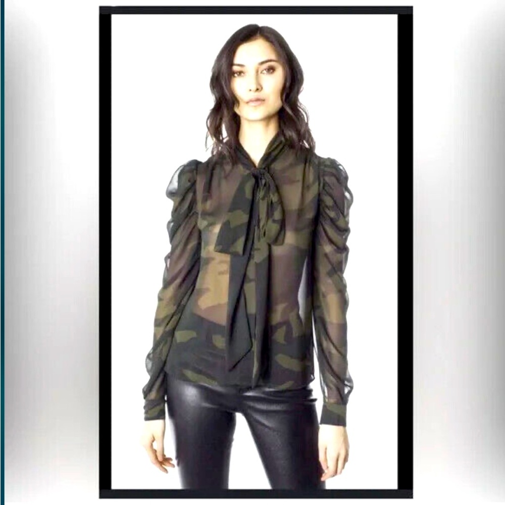 Generation Love, long sleeve camouflage sheer blouse with bow, size XS